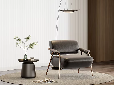 Modern Interior Leather Single Sofa With Metal Legs Round Side Table Green Plant Hanging Lamp 3d model