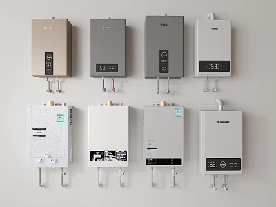 Various Styles and Colors of Electric Water Heaters Mounted on White Wall for Home Use 3d model