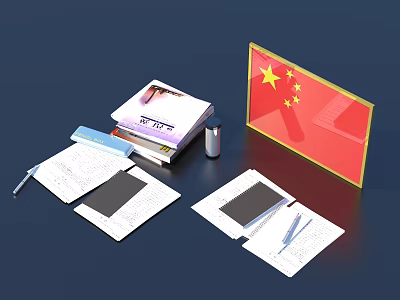 Workstation Setup With Chinese National Flag Books Papers Pen And Cup 3d model