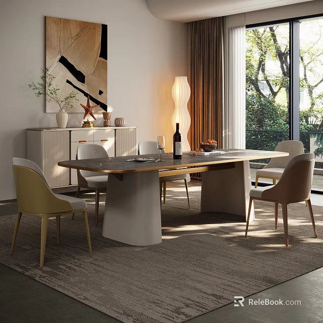 Modern Dining Table With Yellow And Beige Chairs Wooden Cabinet Floor Lamp And Outdoor View 3d model 