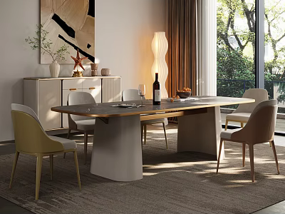 Modern Dining Table With Yellow And Beige Chairs Wooden Cabinet Floor Lamp And Outdoor View 3d model
