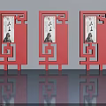 Red Traditional Chinese Style Swing Doors With Decorative Frames And Calligraphy Art