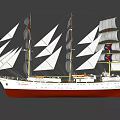 Tall Sailing Ship With Multiple Masts White Sails And Red Hull Sailing On Open Sea