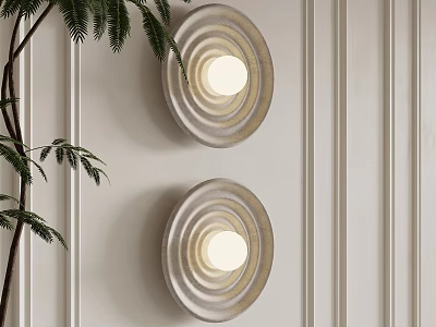 Round Striped Wall Lamps Mounted On Light Colored Paneled Wall With Green Plant Leaves 3d model