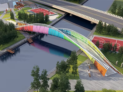 Colorful Curved Pedestrian Bridge Over River With Surrounding Greenery And Sports Courts 3d model
