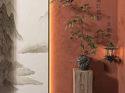 Chinese Floral Art Display With Bamboo On Wooden Base Orange Wall And Ink Painting Screen 3d model