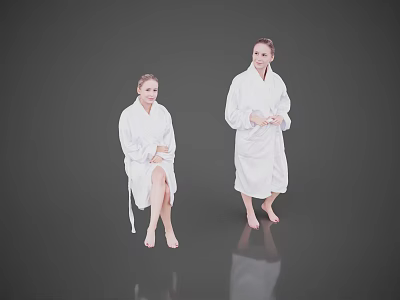 Two Women Wearing White Bathrobes Sitting and Standing on Reflective Floor with Grey Background 3d model