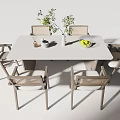 Modern White Rectangular Dining Table Set With Six Rattan Chairs And Green Plant Fruit Bowl 3d model