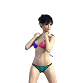 Woman in Bikini With Purple and Pink Top and Green Bottom on White Background