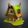 Cartoon Scene Featuring A Small Wooden House With Green Mossy Roof And Grass