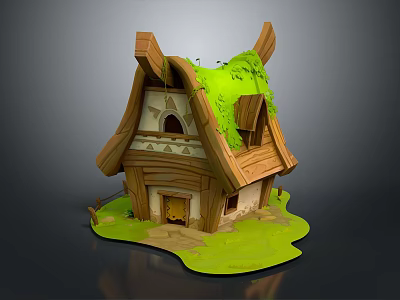 Cartoon Scene Featuring A Small Wooden House With Green Mossy Roof And Grass 3d model