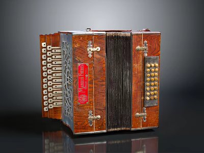 Vintage Wooden Accordion With Red Accents Metal Keys And Decorative Details 3d model