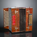 Vintage Wooden Accordion With Red Accents Metal Keys And Decorative Details