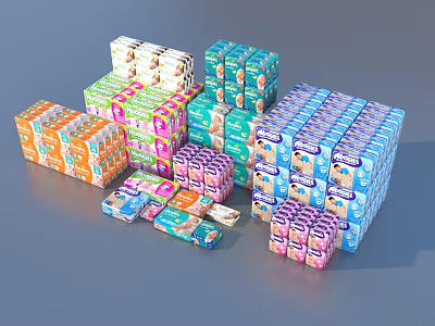 Colorful Packaged Household Supplies Stacked with Various Colors and Designs for Daily Use 3d model
