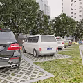 Outdoor Parking Lot With Various Cars High Rise Buildings Trees And Paved Ground