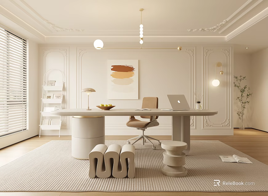 Modern Study Room With White Walls Wooden Floor Large Window Desk Chair Laptop And Plant 3d model 