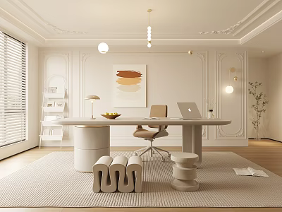 Modern Study Room With White Walls Wooden Floor Large Window Desk Chair Laptop And Plant 3d model