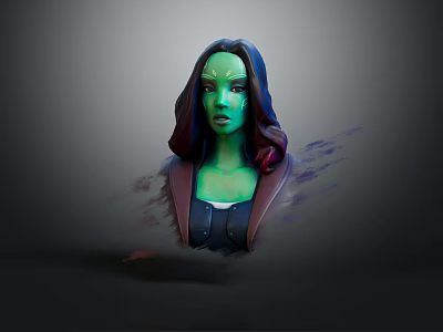 Green Skinned Fantasy Character with Long Dark Hair Facial Markings and Dark Outfit 3d model