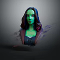 Green Skinned Fantasy Character with Long Dark Hair Facial Markings and Dark Outfit