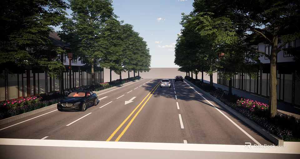 Well Designed Municipal Road With Lined Trees Buildings Lane Markings And Vehicles 3d model 
