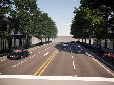 Well Designed Municipal Road With Lined Trees Buildings Lane Markings And Vehicles 3d model