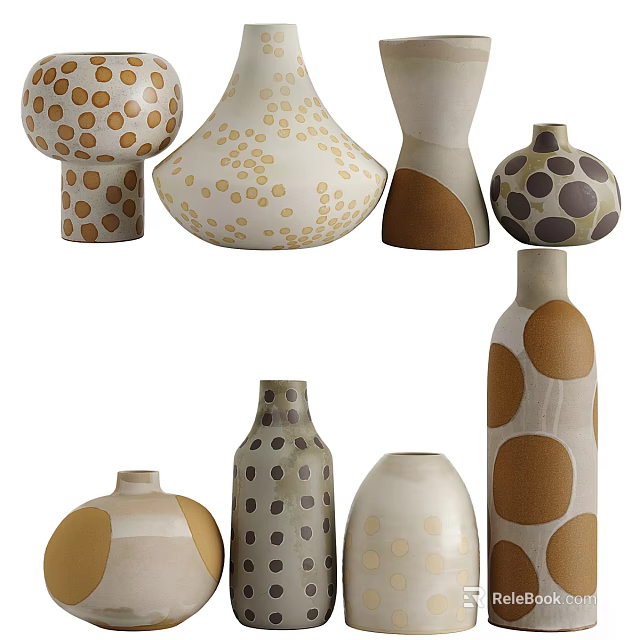 Decorative Ceramic Vessels With Various Shapes And Dot Patterns In Neutral Tones 3d model 