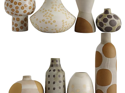 Decorative Ceramic Vessels With Various Shapes And Dot Patterns In Neutral Tones 3d model