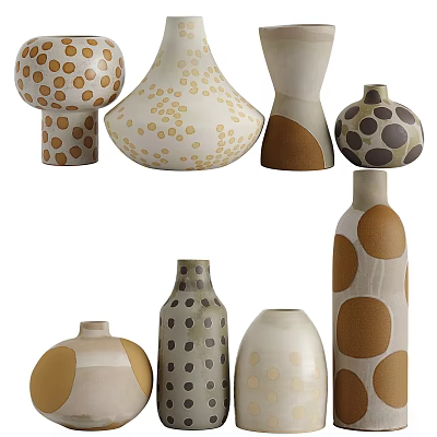Decorative Ceramic Vessels With Various Shapes And Dot Patterns In Neutral Tones 3d model