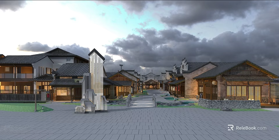 Traditional Commercial Street with Architecture Stone Paved Square Water Features and Modern Tower 3d model 