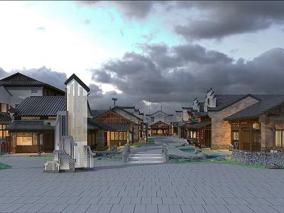 Traditional Commercial Street with Architecture Stone Paved Square Water Features and Modern Tower 3d model
