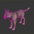 Realistic 3D Dog Puppy Model With Brown Gray Fur Standing On Dark Reflective Background