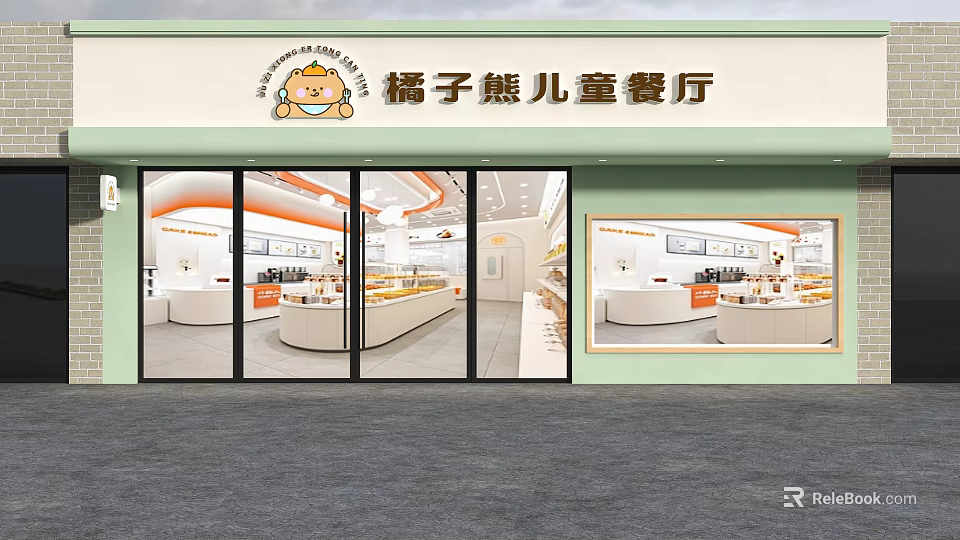 Orange Bear Kids Restaurant Storefront with Bright Exterior Design and Glass Doors 3d model 