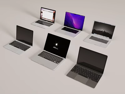 Various Modern Laptops With Apple Logo Different Screen Displays And Colors 3d model