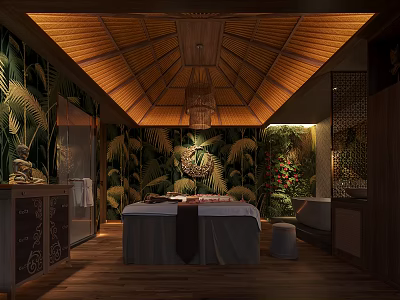 Relaxing SPA Sauna Room with Tropical Plant Murals Wooden Ceiling Massage Bed and Bathtub 3d model