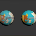 Two Globes With Black And Silver Bases Blue Ocean And Colored Continents On Gray Background