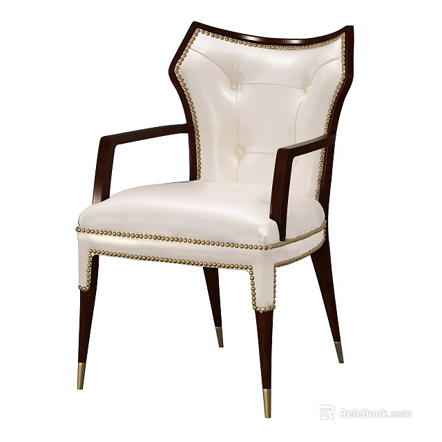 Elegant White Leather Accent Chair With Dark Wood Armrests Tufted Back And Brass Rivets 3d model 
