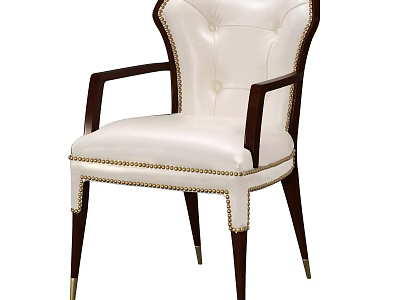 Elegant White Leather Accent Chair With Dark Wood Armrests Tufted Back And Brass Rivets 3d model
