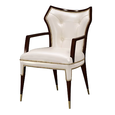 Elegant White Leather Accent Chair With Dark Wood Armrests Tufted Back And Brass Rivets 3d model