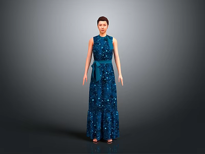 Woman in Dark Blue Sequined Long Dress with Belt Standing Against Gray Background 3d model