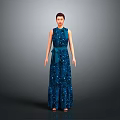 Woman in Dark Blue Sequined Long Dress with Belt Standing Against Gray Background