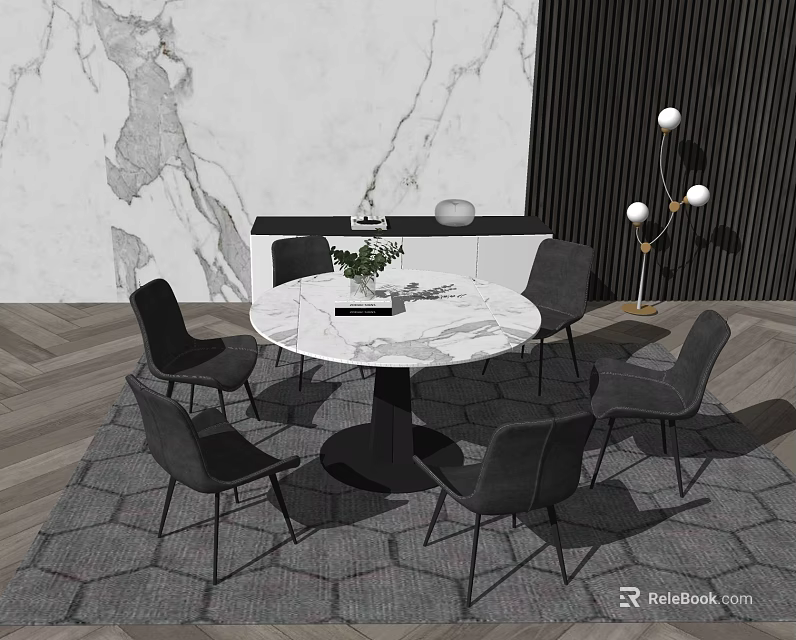 Modern Round Dining Table Set With Gray Chairs Marble Wall And Decorative Lighting 3d model