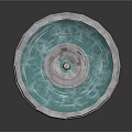 Decorative Three Tier Stone Fountain With Circular Water Basin And Blue Water