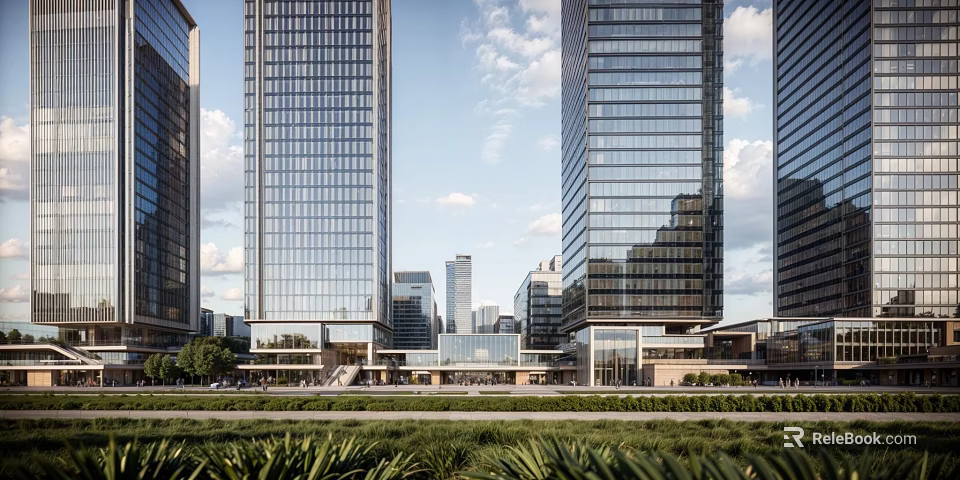 Modern Glass Facade Skyscrapers In Urban Cityscape With Green Landscape And Blue Sky 3d model 
