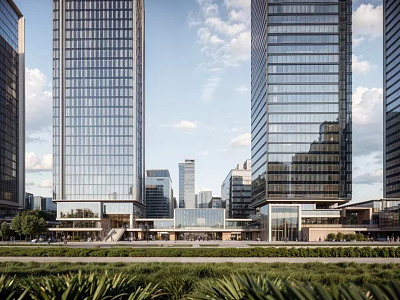 Modern Glass Facade Skyscrapers In Urban Cityscape With Green Landscape And Blue Sky 3d model