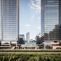 Modern Glass Facade Skyscrapers In Urban Cityscape With Green Landscape And Blue Sky