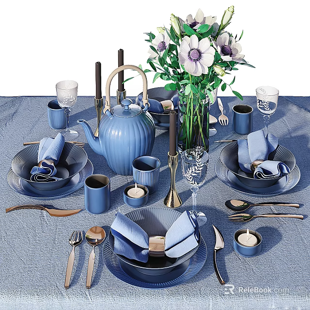 Blue Dinnerware Set with Teapot Napkins Cups and Flower Vase for Table Setting 3d model 