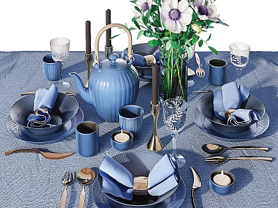Blue Dinnerware Set with Teapot Napkins Cups and Flower Vase for Table Setting 3d model