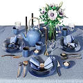 Blue Dinnerware Set with Teapot Napkins Cups and Flower Vase for Table Setting 3d model