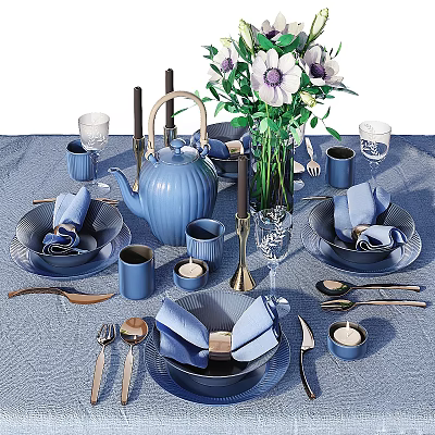 Blue Dinnerware Set with Teapot Napkins Cups and Flower Vase for Table Setting 3d model