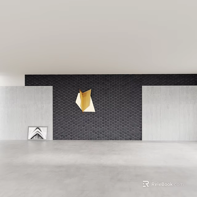 Modern Sofa Background Wall Interior Design With Black Hexagonal Tiles And Golden Decorative Piece 3d model 